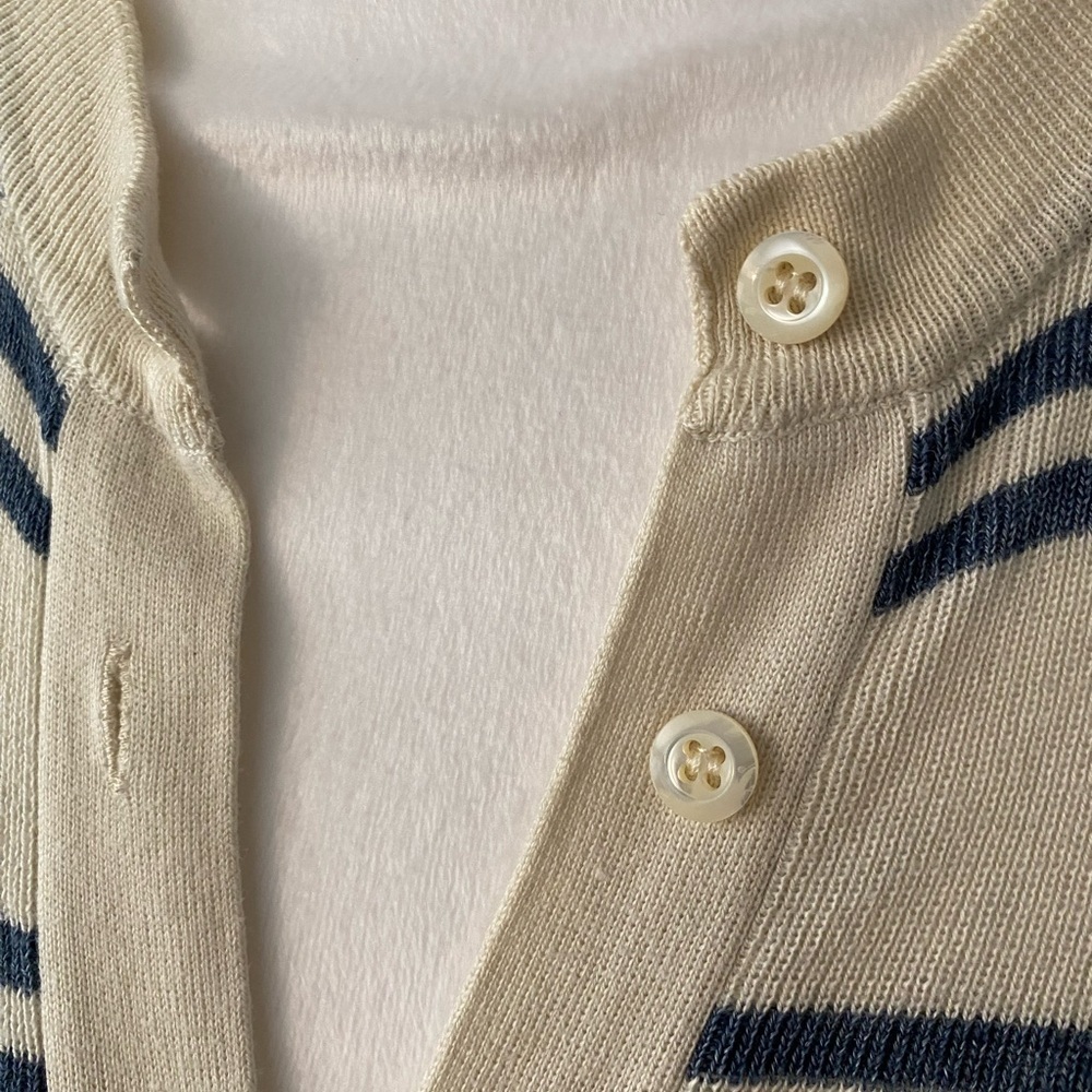 **PRADA** Navy Blue White Stripe T-shirt Blouse Size 40 Small Button Pockets - Picture 6 of 9